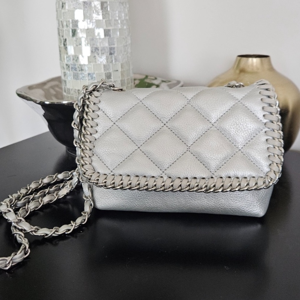 Steve Madden Quilted Metallic Silver Chain Crossbody